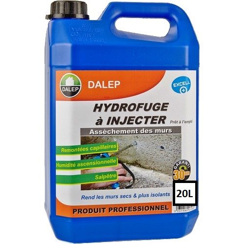 DALEP HYDROFUGE à INJECTER (20L) Propriétés Contre les remontées capillaires, l’humidité ascensionnelle, le salpêtre… Produit certifié « Label EXCELL + ». Assèchement des murs