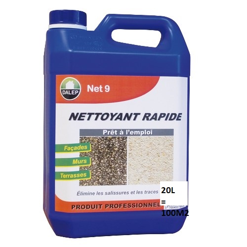 DALEP NET 9 Nettoyant Rapide est un rénovateur façades / nettoyant puissant qui élimine lessalissures, les traces de pollution… Prêt à l’emploi, le NET 9 est unproduit à base de chlore, réservé aux professionnels.