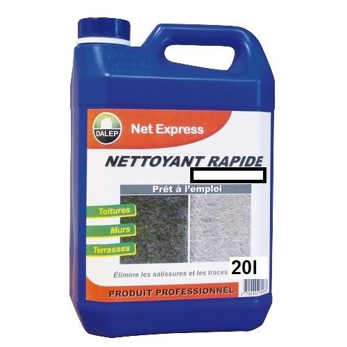 DALEP NET EXPRESS Nettoyant rapide (20L) est un nettoyant, rénovateur, désincrustant à action rapide. Il élimine les salissures et les traces de pollution.Pour toitures, murs, terrasses… Prêt à l’emploi.
