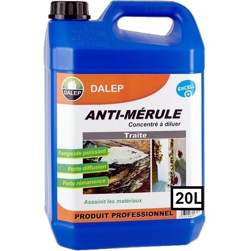 DALEP ANTI-MÉRULE Fongicide (20L) Traitement fongicide contre la mérule. Produit à forte diffusion, effet rémanent.sur tous matériaux. Concentré à diluer.