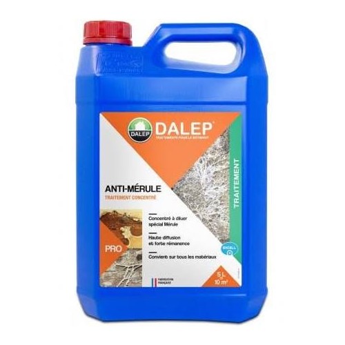 DALEP ANTI-MÉRULE Fongicide (5L) Traitement fongicide contre la mérule. Produit à forte diffusion, effet rémanent. Convient sur tous matériaux. Concentré à diluer. Produit certifié «Label Excell + ».
