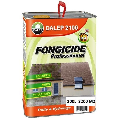 DALEP 2100 Fongicide Professionnel (200L),concentré à diluer. Il traite contre tous les types de champignons, algues, lichens et imperméabilise en uneseule opération. Adhère au support: 2 heures sans pluie suffisent après la fin du traitement.