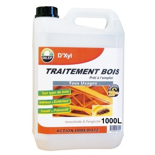 DALEP Traitement Bois Tous Usages D’XYL (1000L) est un produit « prêt à l’emploi » insecticide, fongicide et antitermites, pour le traitement préventif et curatif par pulvérisation et/ou injection des bois de construction