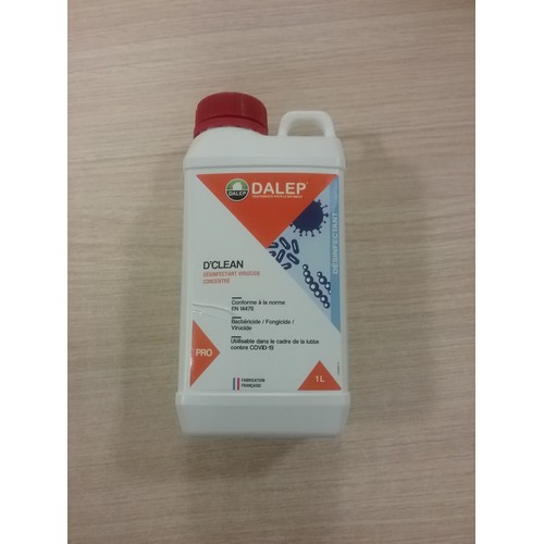 DALEP D’CLEAN DESINFECTANT(1L) est un désinfectant Bactéricide / Fongicide / Virucide concentré pour la désinfection des sols et surfaces lavables de tous locaux. Conforme à la norme EN 14476 Bactéricide / Fongicide / Virucide